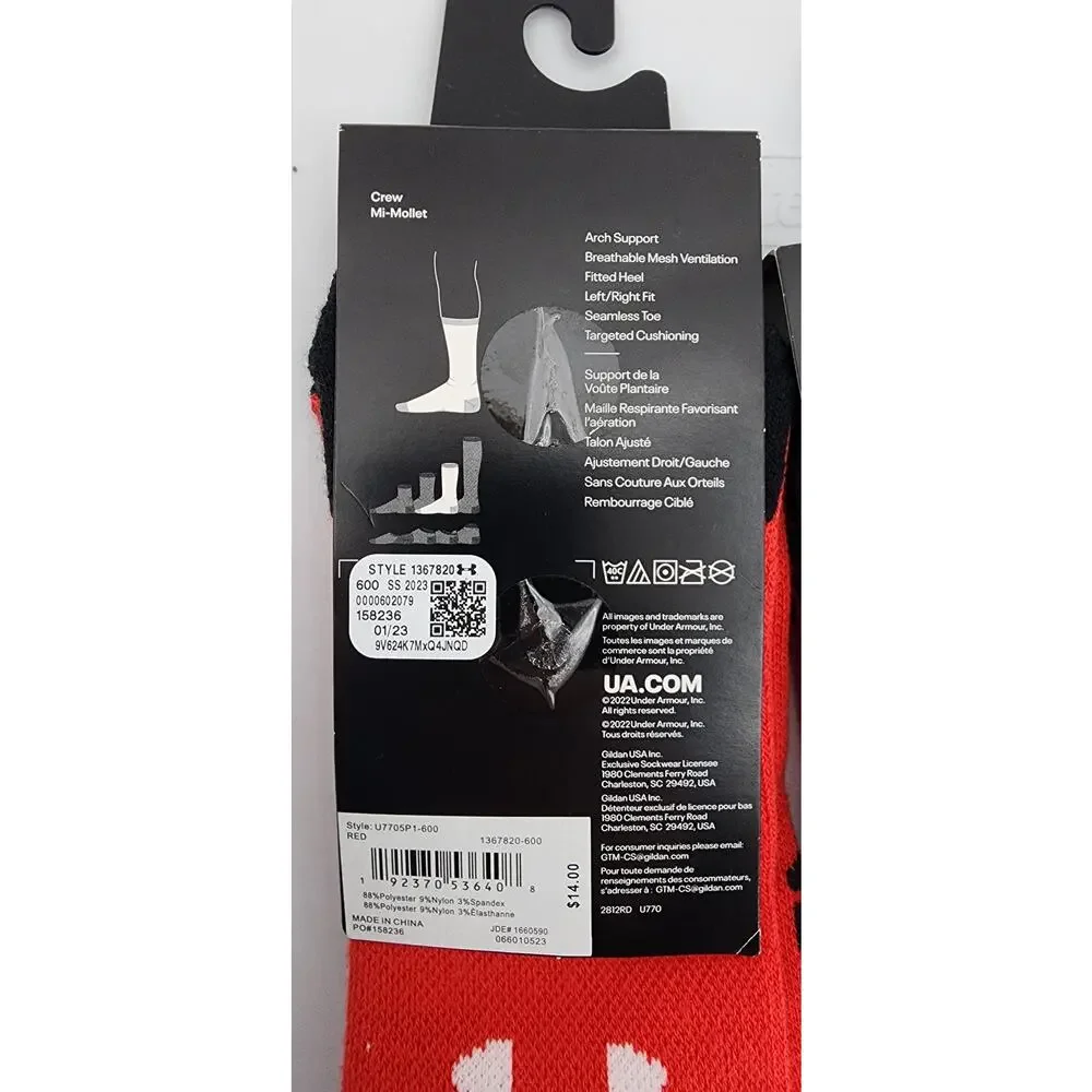 New NWT‎ Lot Of 2 UA Under Armour Teams Cushioned Crew Socks Black Red 8.5-13